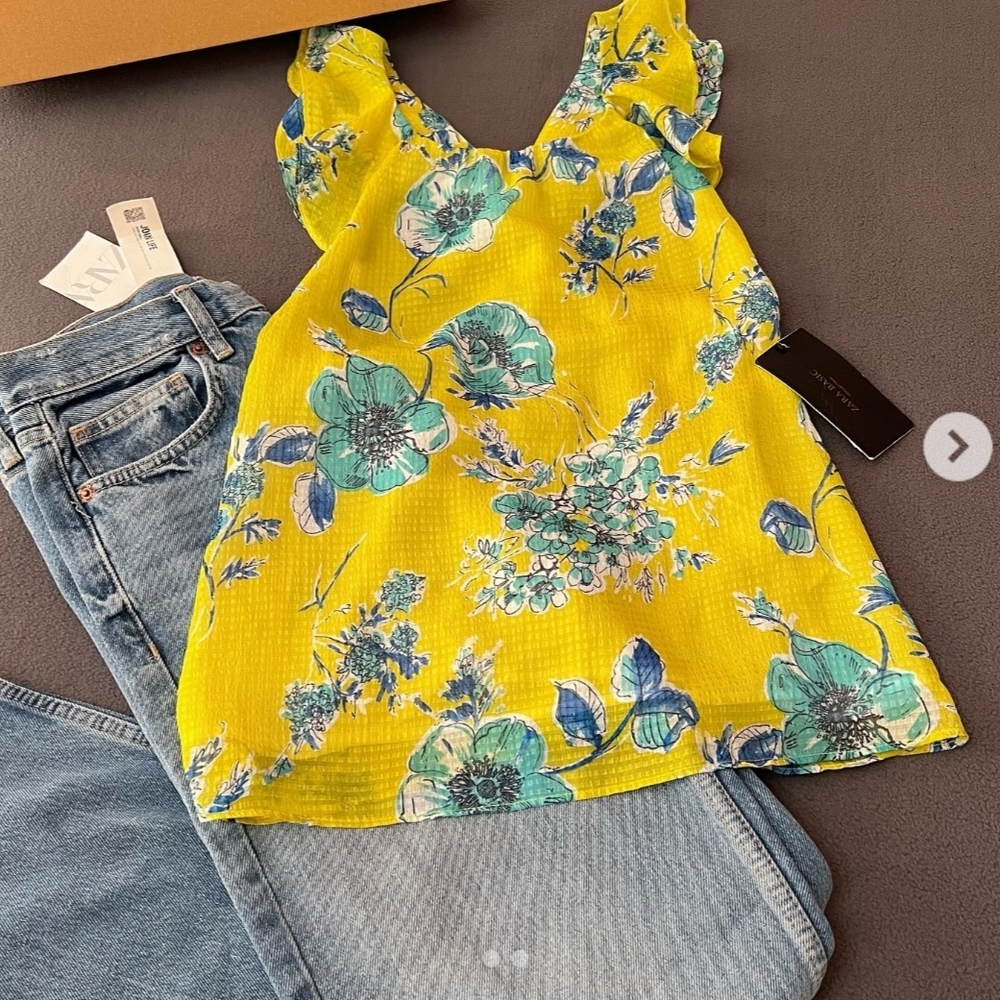 Zara Floral Basic Yellow and Blue Sleeveless Ruffle Cross Back Lined NWOT